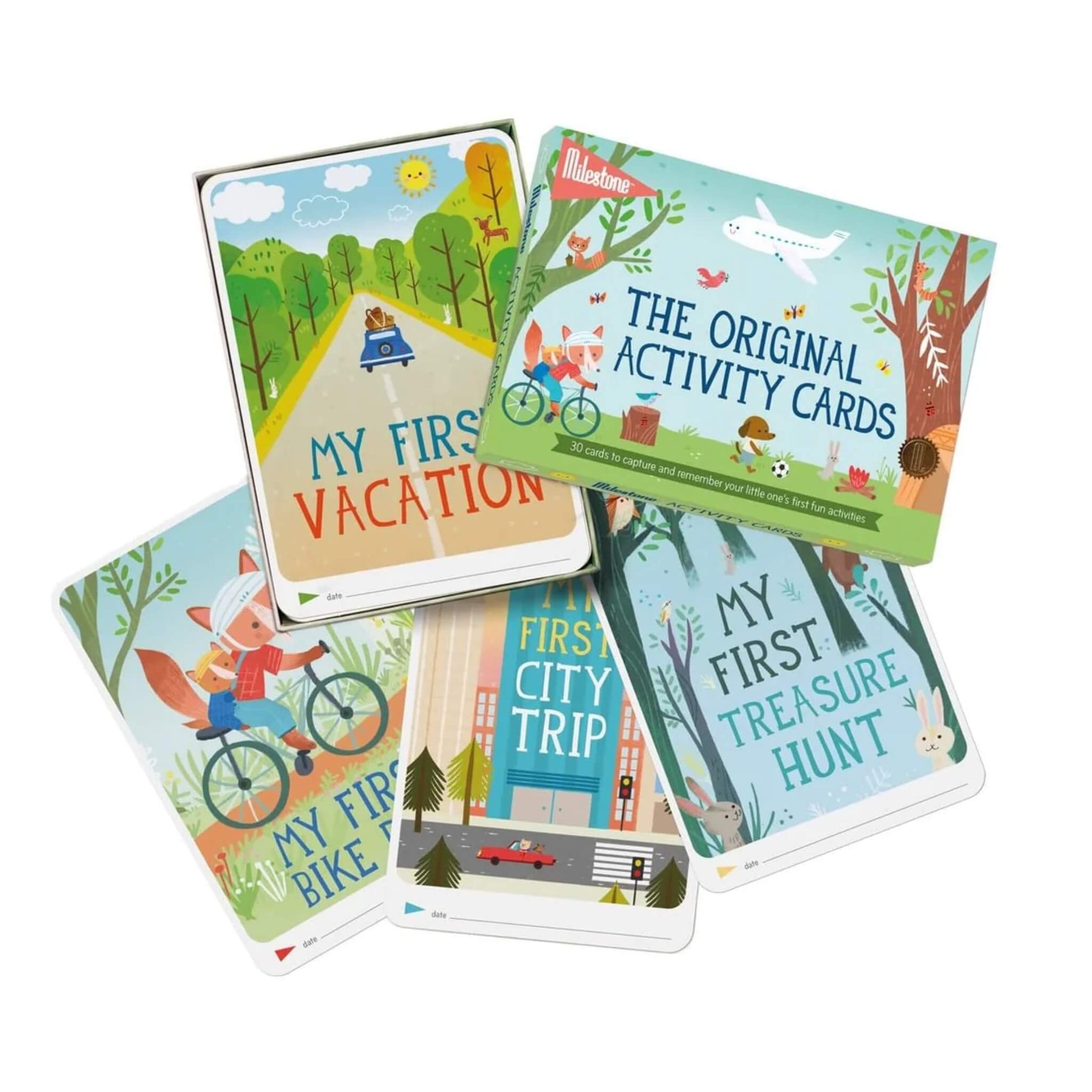 Selection of Milestone Activity Cards displayed in a fan arrangement showing ‘My First Vacation’, ‘My First Bike Ride’, ‘My First City Trip’ and ‘My First Treasure Hunt’ cards.