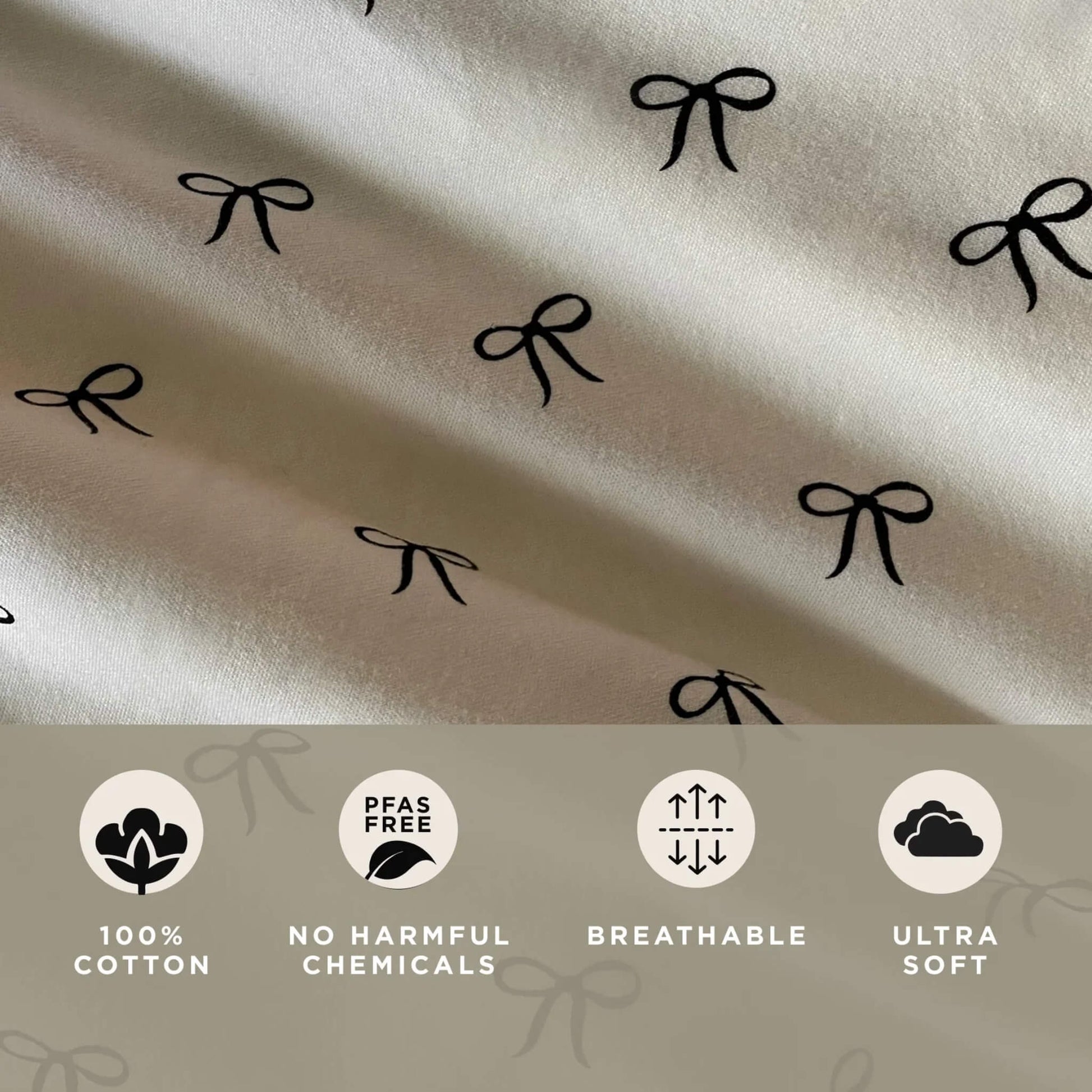 Close-up of soft fabric with a repeating small-bow print, shown with icons highlighting material qualities.