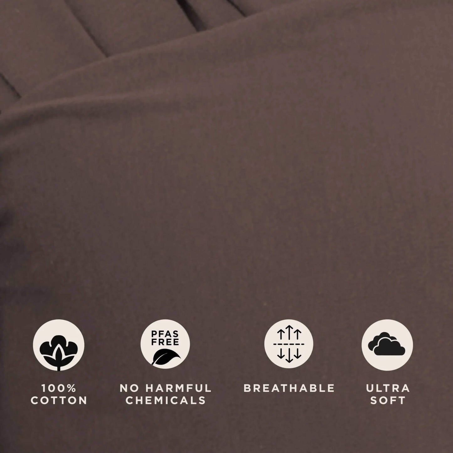 Close-up of Hickory brown wrap fabric with icons showing 100% cotton, PFAS free, breathable and ultra-soft qualities.