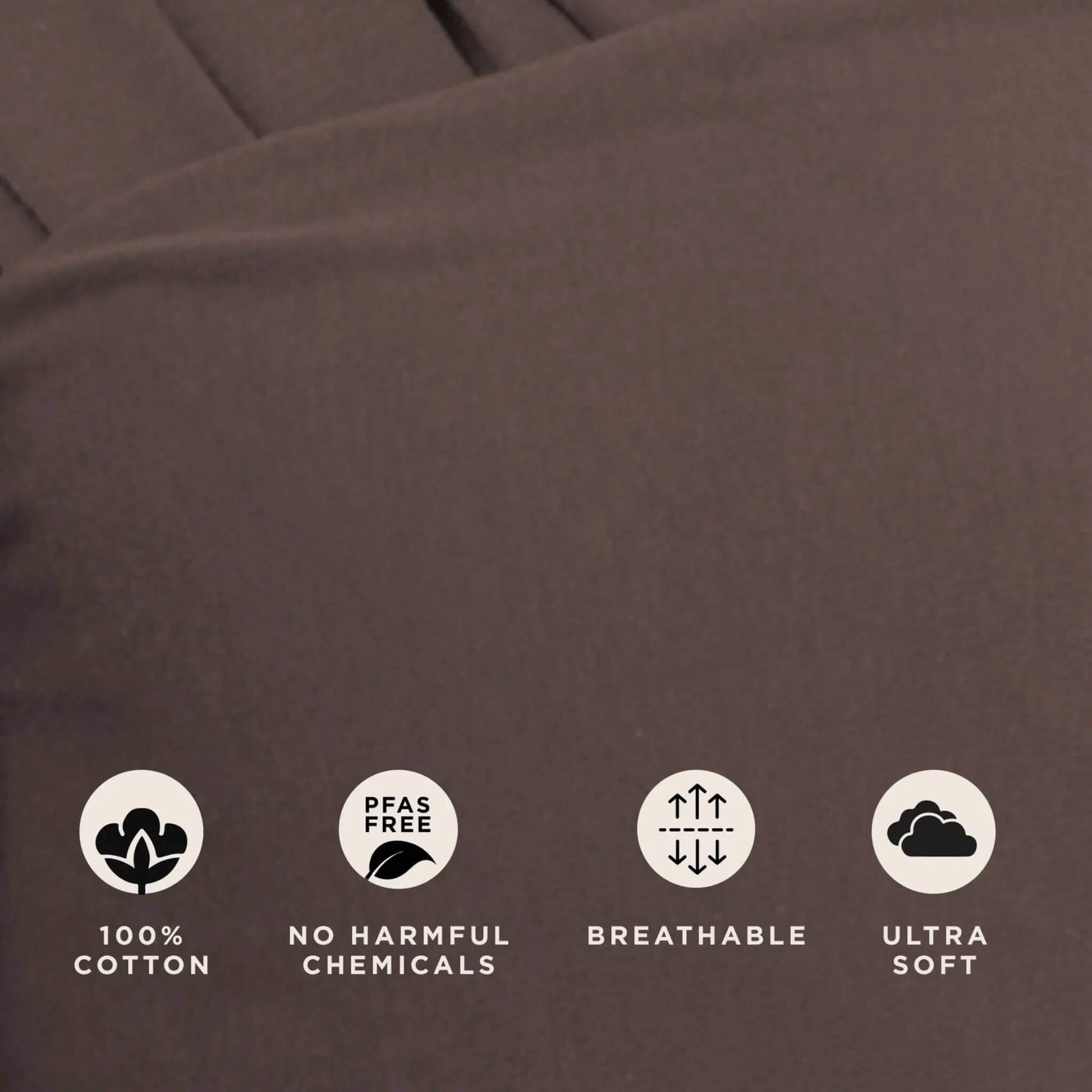 Close-up of Hickory brown wrap fabric with icons showing 100% cotton, PFAS free, breathable and ultra-soft qualities.