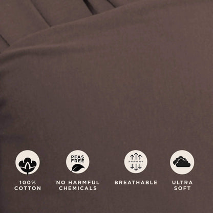 Close-up of Hickory brown wrap fabric with icons showing 100% cotton, PFAS free, breathable and ultra-soft qualities.