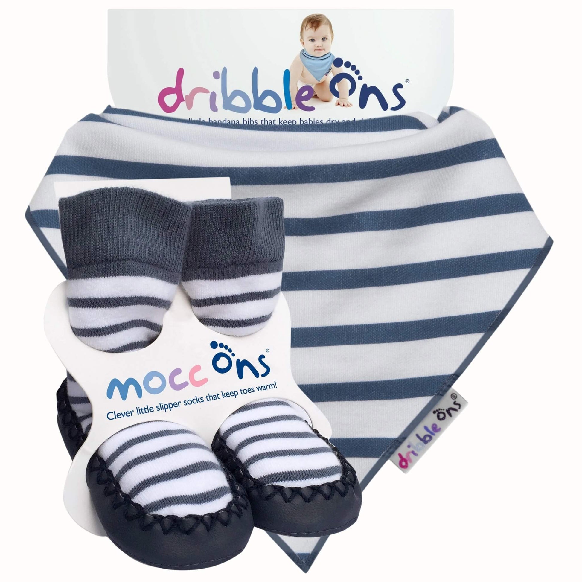 Mocc Ons and Dribble Ons nautical stripe baby gift set with navy and white striped bib and matching navy slipper socks with striped toes and soft sole bottoms.