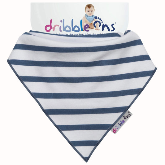 White bandana bib with navy blue horizontal stripes and matching trim, folded flat with a branded tag on the side.
