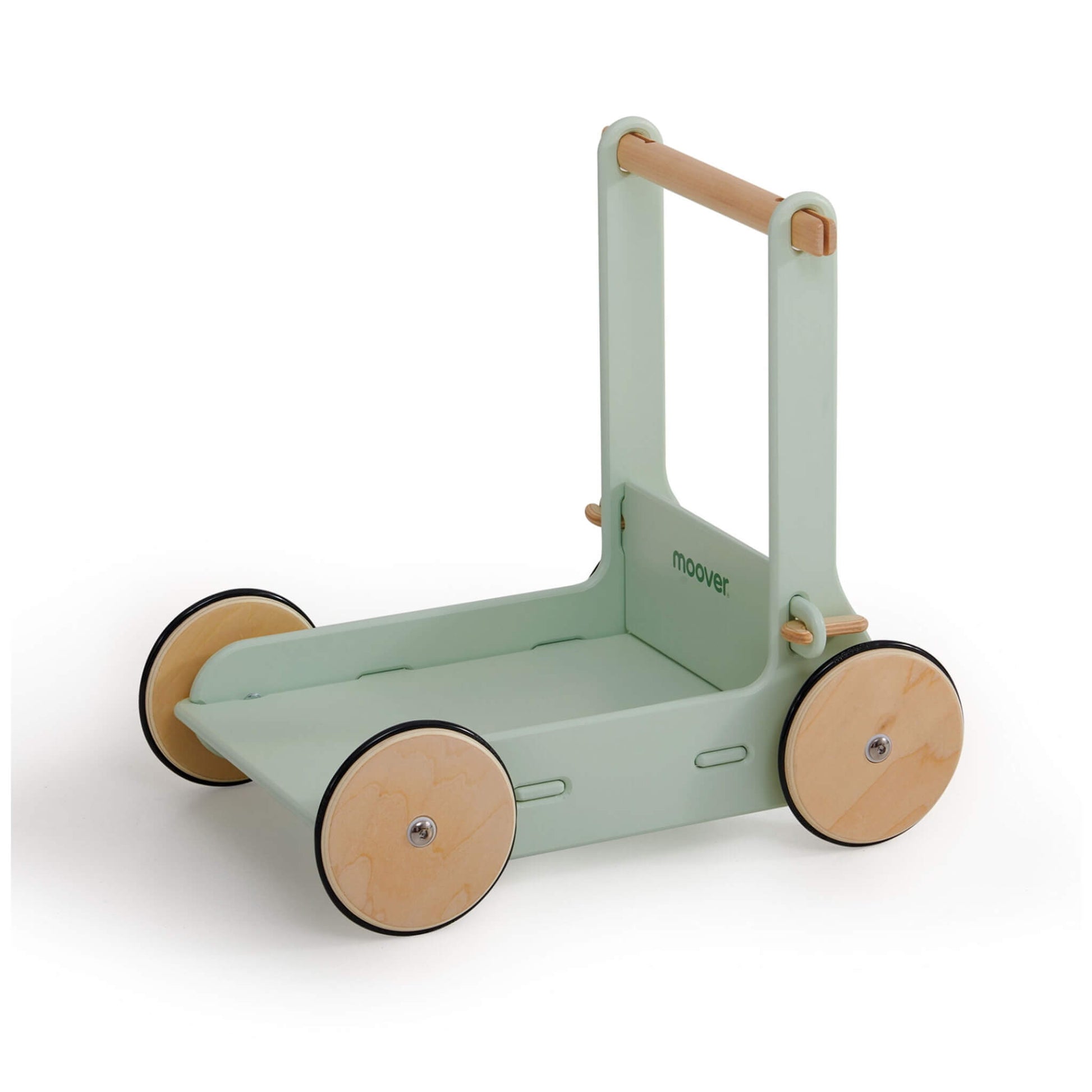 Side view of a pale green wooden baby walker showing a smooth push handle and sturdy wheels with natural wood detailing.
