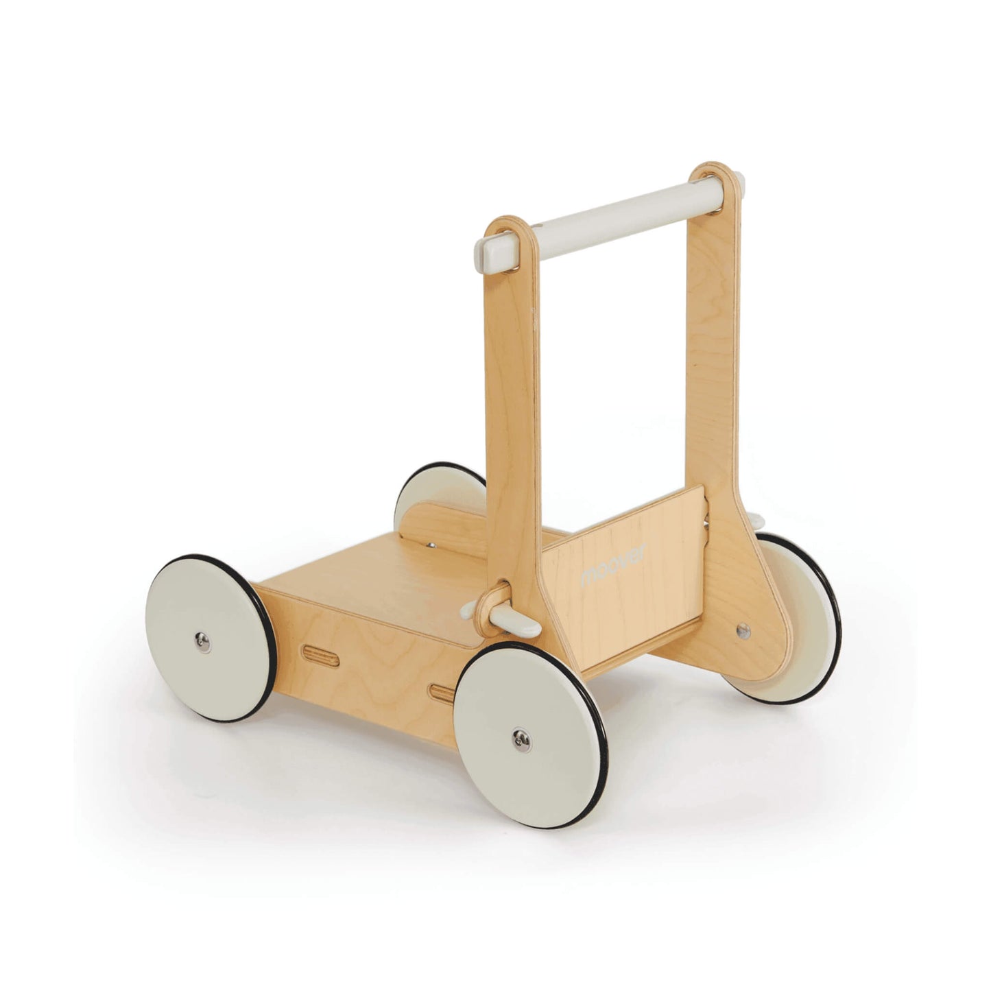 Moover Baby Walker in off white with natural wood accents and rubber-lined wooden wheels, designed to support babies as they learn to walk.