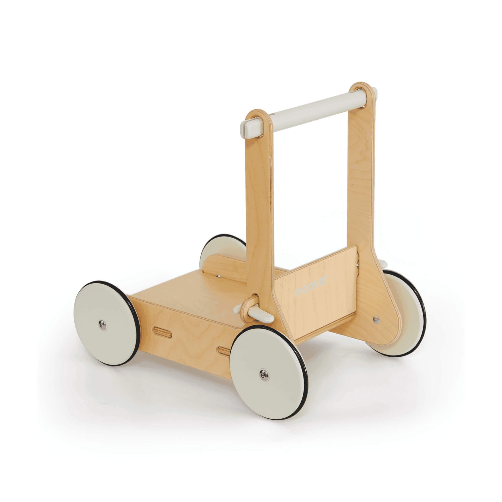 Moover Baby Walker in off white with natural wood accents and rubber-lined wooden wheels, designed to support babies as they learn to walk.