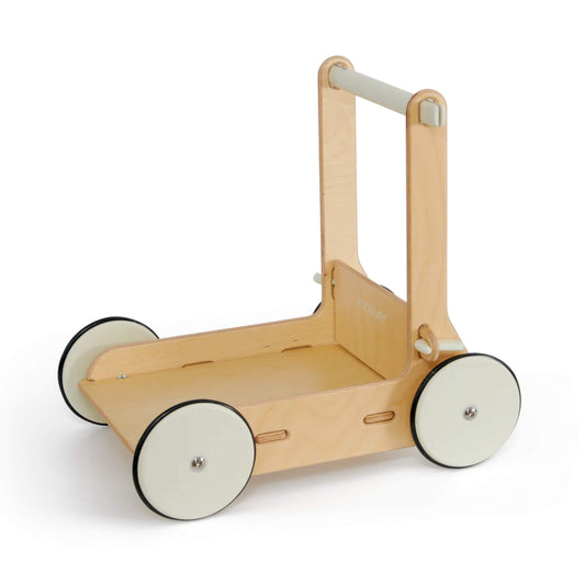 Side view of off-white wooden baby walker showing smooth FSC-certified birch plywood frame, solid handle, and stable four-wheel design for balance.