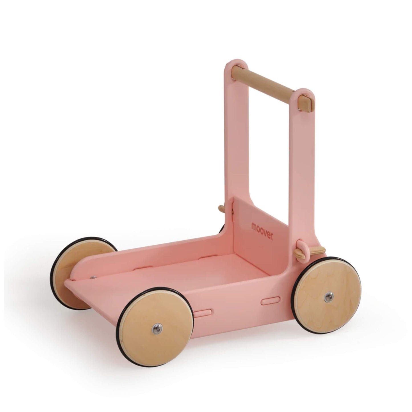 Side view of the pink wooden baby walker showing its sturdy frame, smooth finish, and wide base for balance.