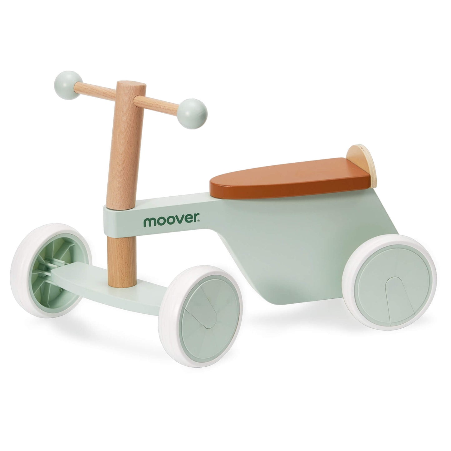 Moover Ride-On Bike in pastel green with tan seat and white wheels, featuring a solid wood handlebar and minimal Danish design.