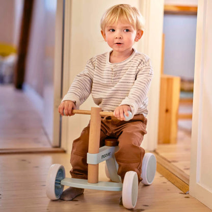 Toddler riding a pastel green wooden bike indoors, hands on handlebars and feet pushing along light wooden flooring.