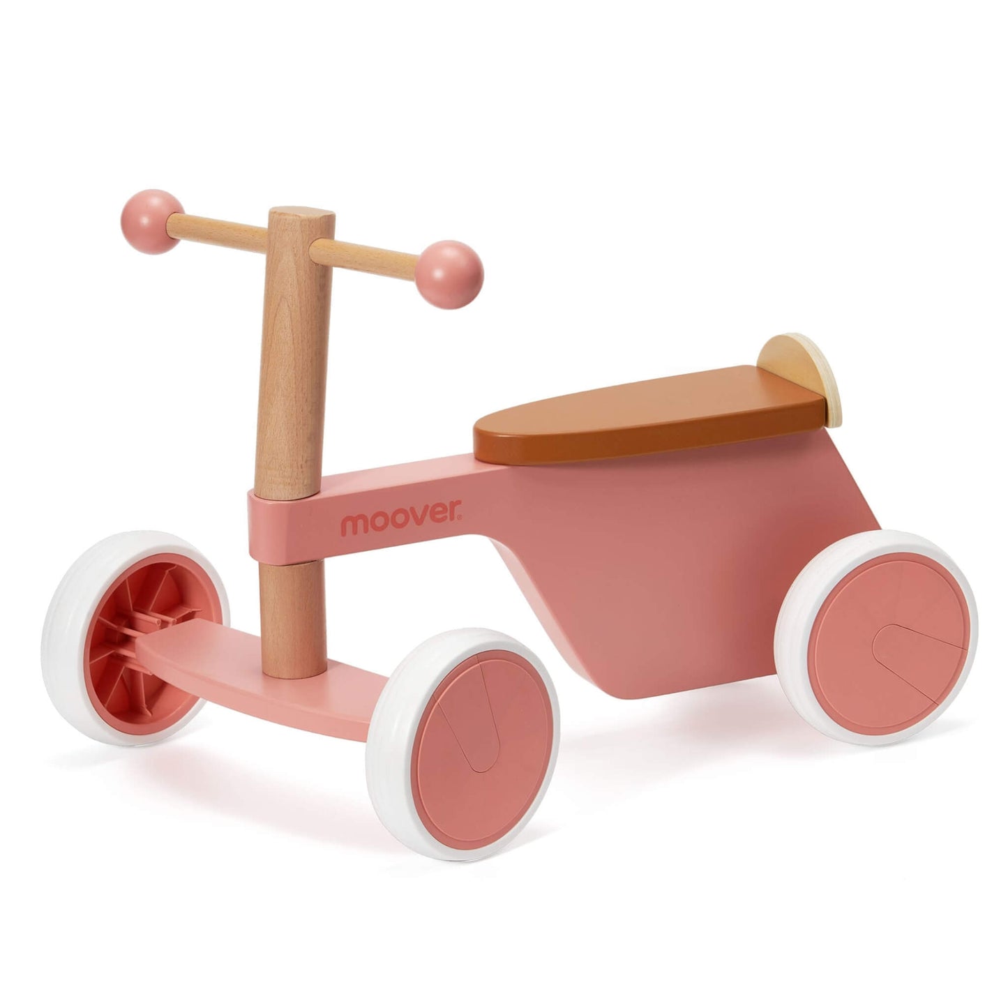 Pink Moover Bike wooden ride-on with white rubber wheels, natural wood handlebar and brown seat, designed with Danish simplicity for early riders.