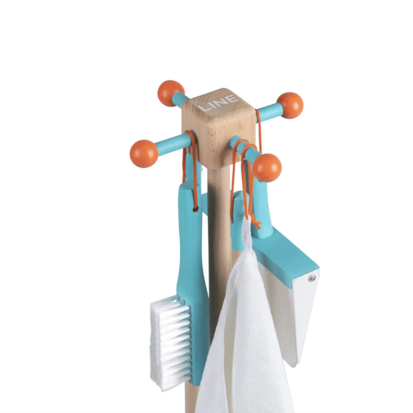 Close-up of the Moover Cleaning Set hooks and handles, showing the bright blue and orange wooden details.