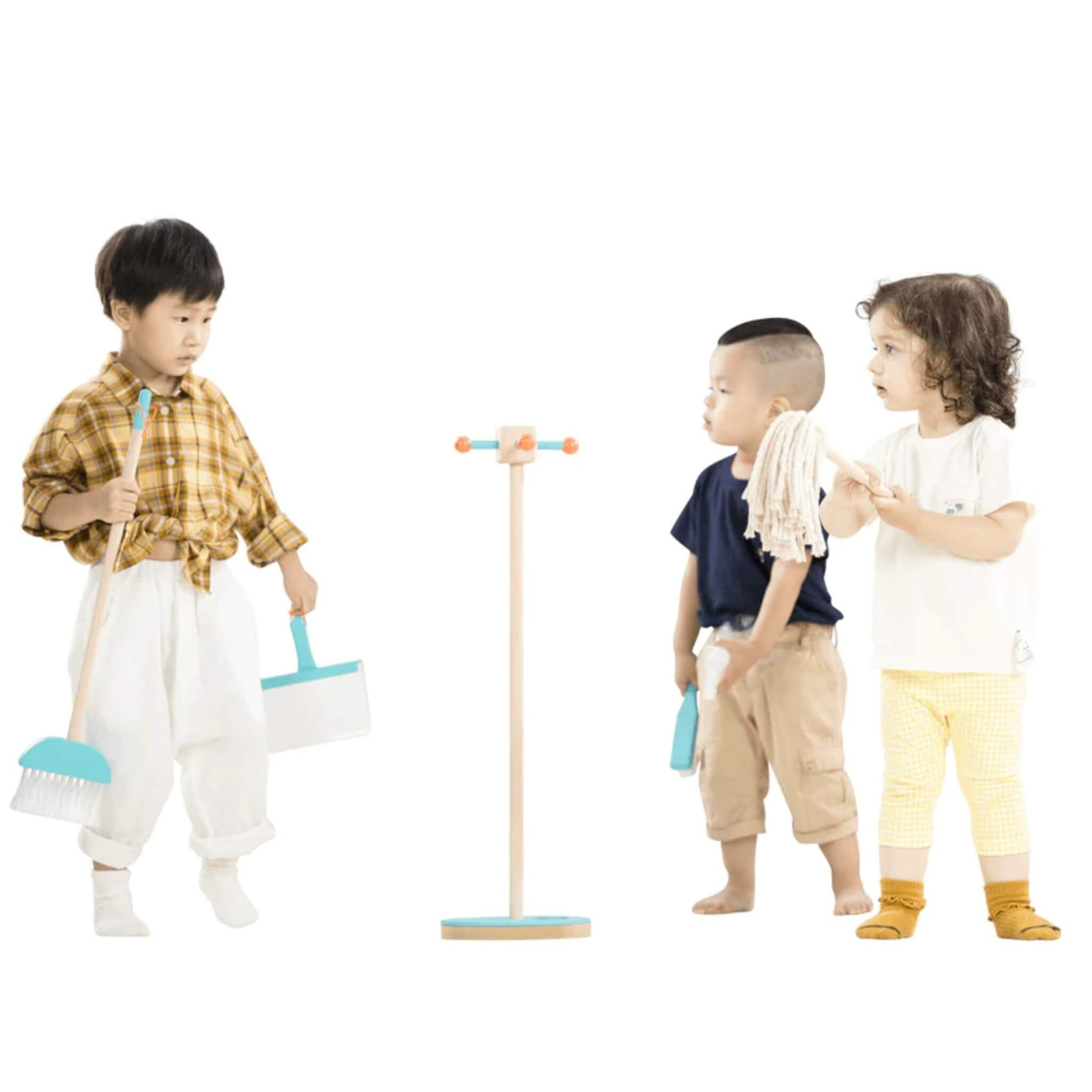 Three toddlers playing with the Moover Cleaning Set in blue, holding broom, mop and spray bottle.