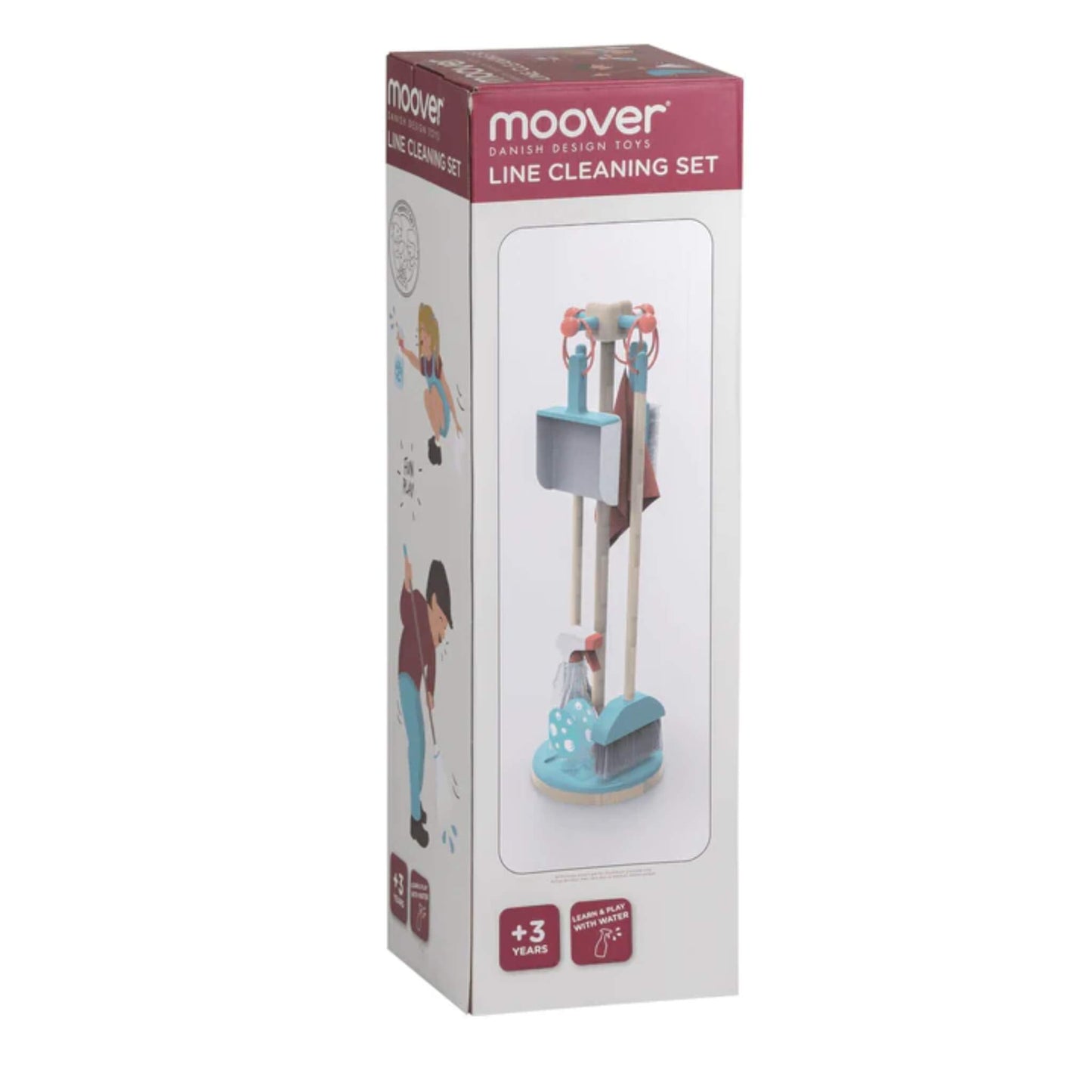 Moover Cleaning Set in blue displayed in retail packaging, showing the assembled set and age recommendation on the box.