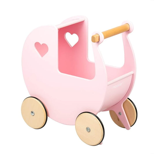 Moover Doll’s Pram in pink with wooden wheels and heart-shaped cut-outs, showing its smooth curved design and natural wood handle.