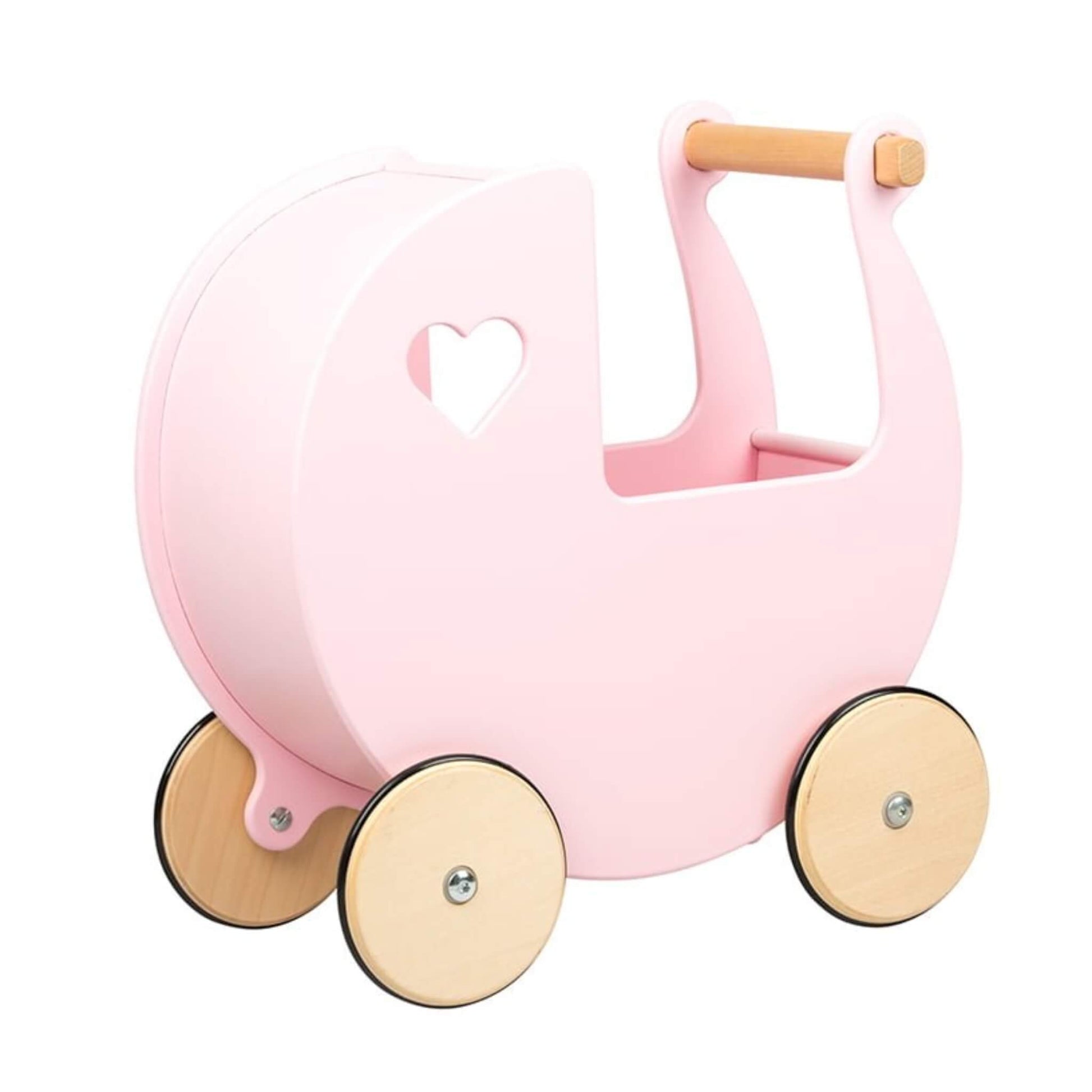 Side angle of a pink wooden doll’s pram with heart cut-outs and rubber-rimmed wheels on a clean background.