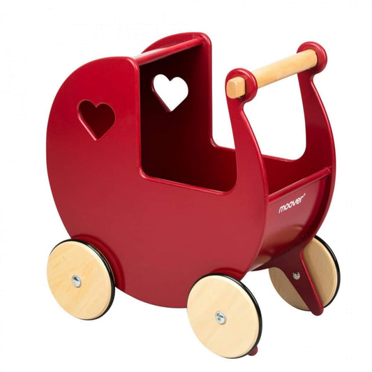 A Moover Doll’s Pram in red, made from smooth wood with heart-shaped cut-outs and natural wooden wheels with rubber rims.