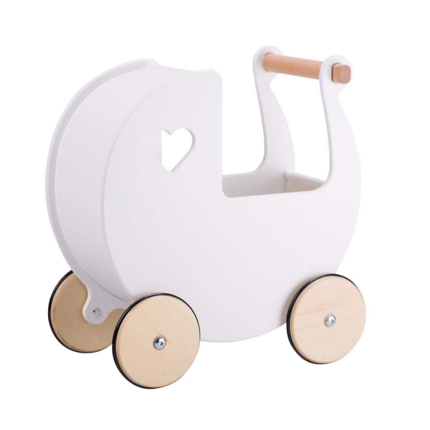A Moover Doll’s Pram in white, made from smooth wood with natural wooden wheels and heart-shaped cut-outs on the sides.