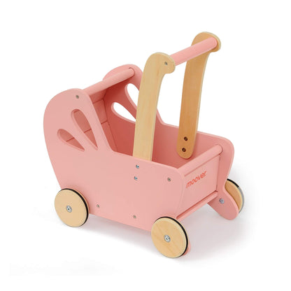 Moover Essentials Flat Packed Pram in pink, a wooden baby walker with natural handles and smooth round wheels, designed to support first steps.