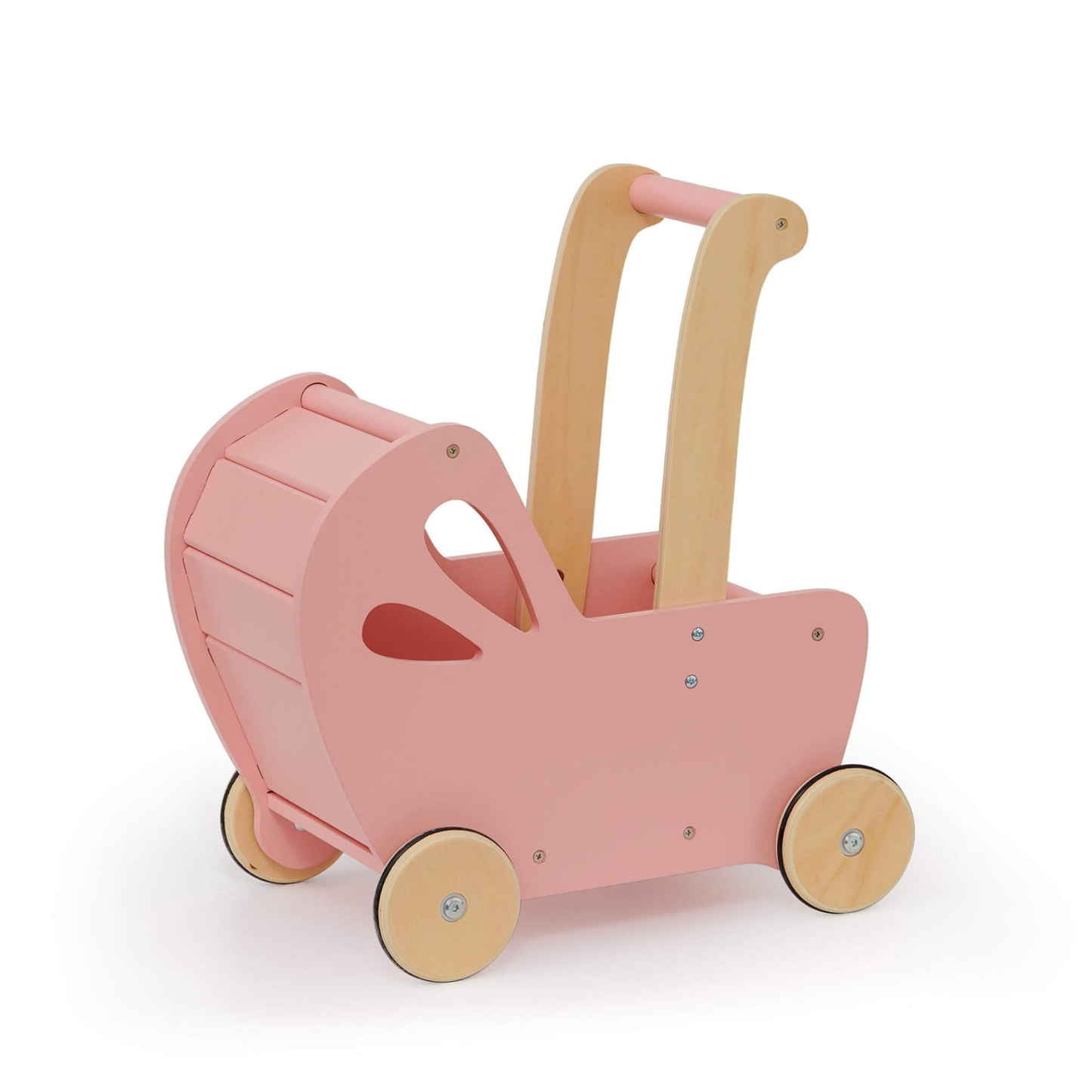 Side view of a pink Moover wooden pram showing curved handles and minimalist cut-out design, highlighting its smooth finish and sturdy build.