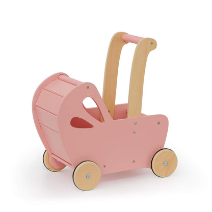 Side view of a pink Moover wooden pram showing curved handles and minimalist cut-out design, highlighting its smooth finish and sturdy build.