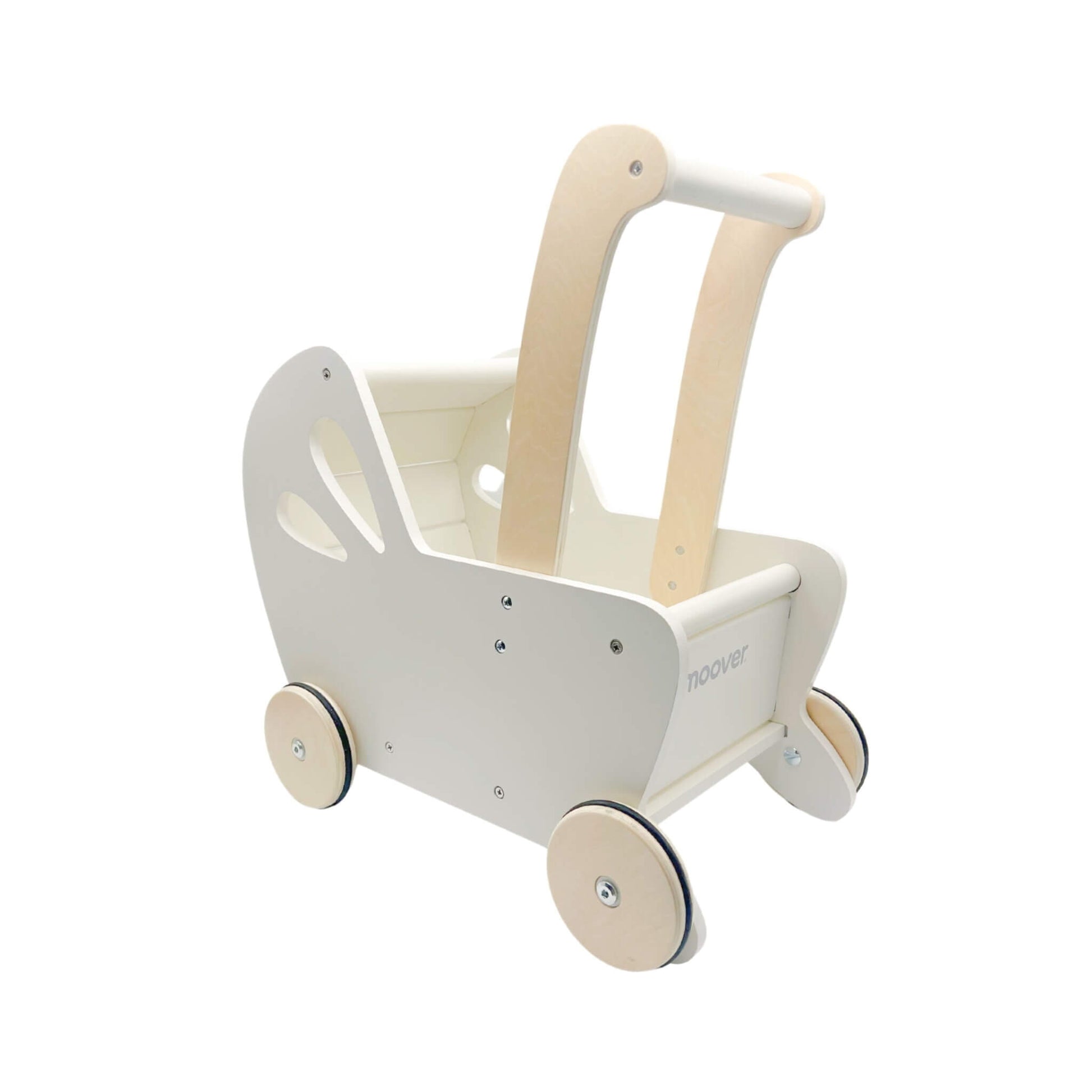 Moover Essentials Flat Packed Pram in Off White, a wooden baby walker with natural handles and smooth round wheels, designed to support first steps.