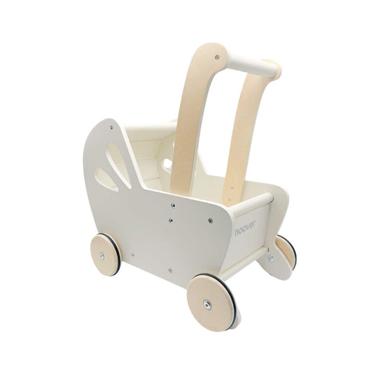 Moover Essentials Flat Packed Pram in Off White, a wooden baby walker with natural handles and smooth round wheels, designed to support first steps.