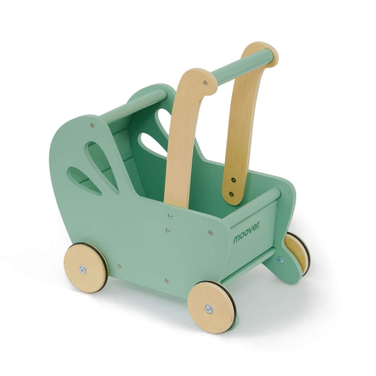 A green Moover Essentials wooden toy pram with natural wood handles and wheels, shown angled slightly to the side on a white background.