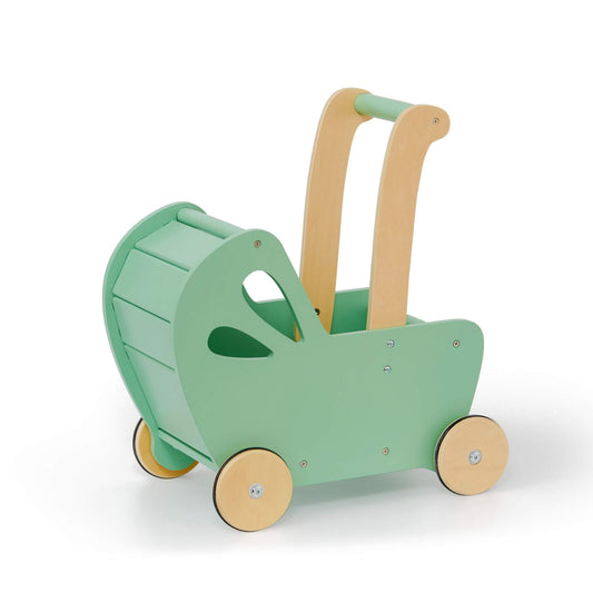 Side view of a green wooden toy pram with natural wood handle and wheels, showing the curved hood and smooth painted finish.