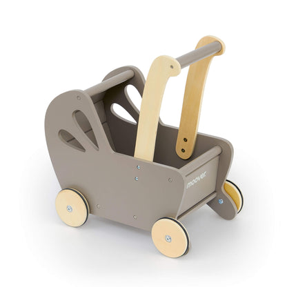 Moover Essentials Wooden Pram in Grey with natural wood handle, shown at an angle to display its curved shape, sturdy wheels, and minimalist Scandinavian design.