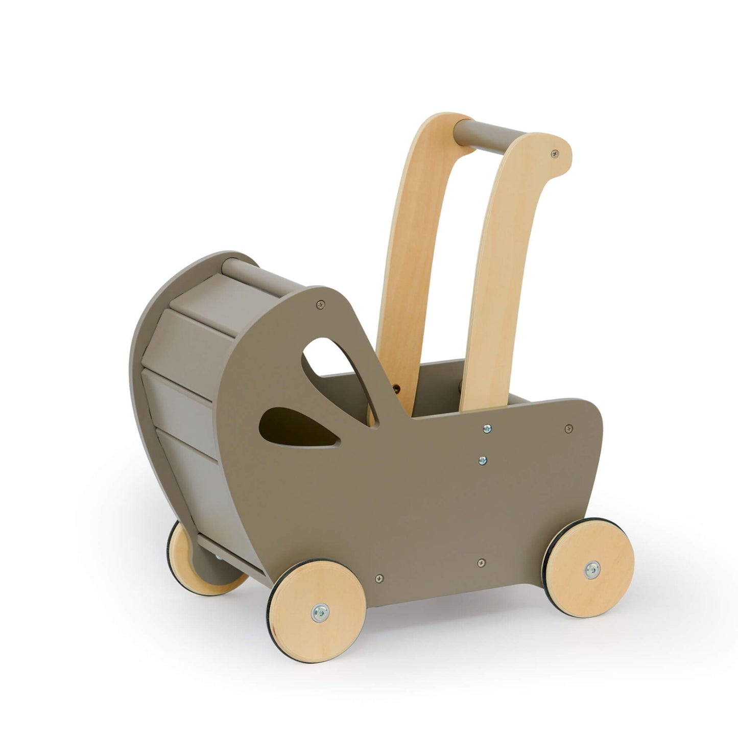 Side view of a grey wooden toy pram with smooth rounded edges, light wooden wheels, and a curved hood, designed for toddlers to push or store soft toys.