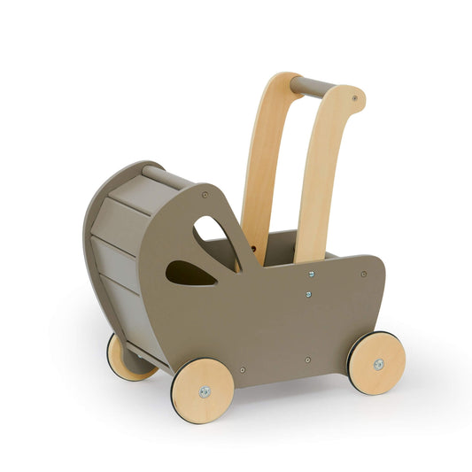 Side view of a grey wooden toy pram with smooth rounded edges, light wooden wheels, and a curved hood, designed for toddlers to push or store soft toys.