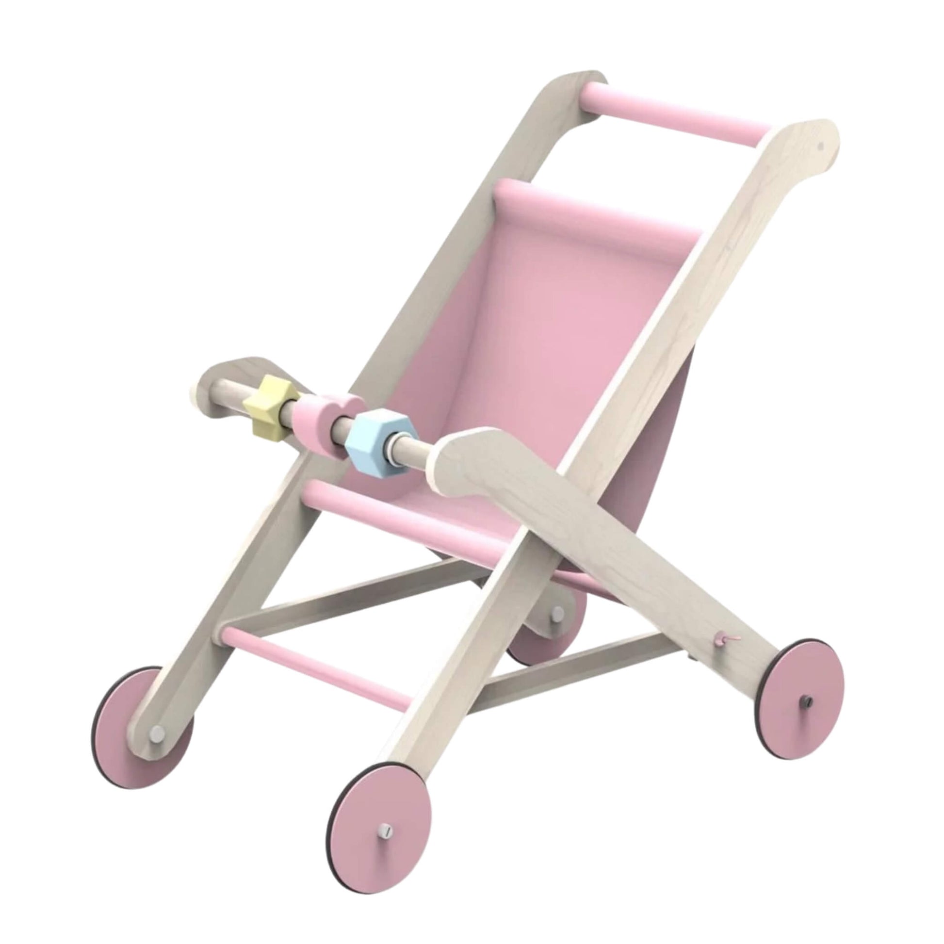 Moover Pink Stroller made from wood with a soft pink fabric seat, pastel wheels, and decorative beads across the handle.