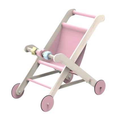Moover Pink Stroller made from wood with a soft pink fabric seat, pastel wheels, and decorative beads across the handle.