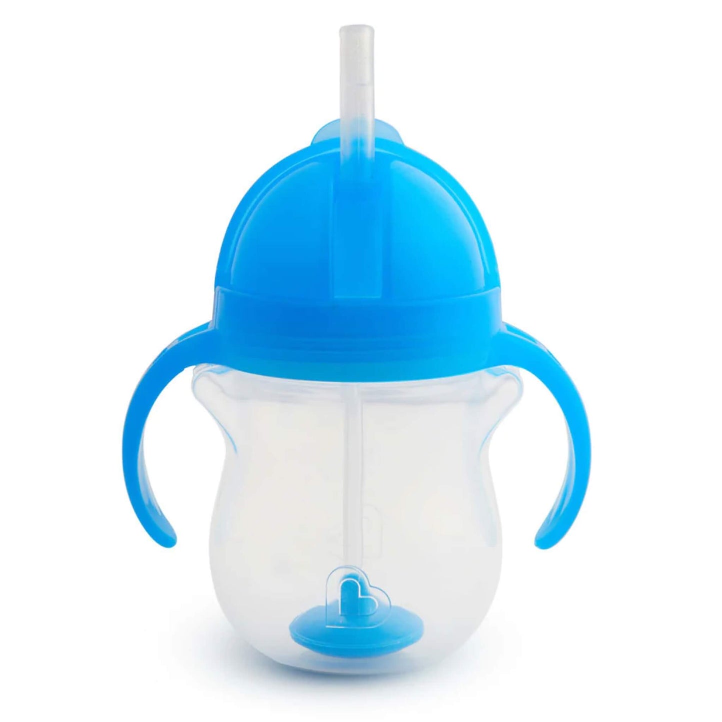 Munchkin Click Lock Tip & Sip Cup in blue with a clear body, twin handles and a weighted straw shown upright on a plain background.