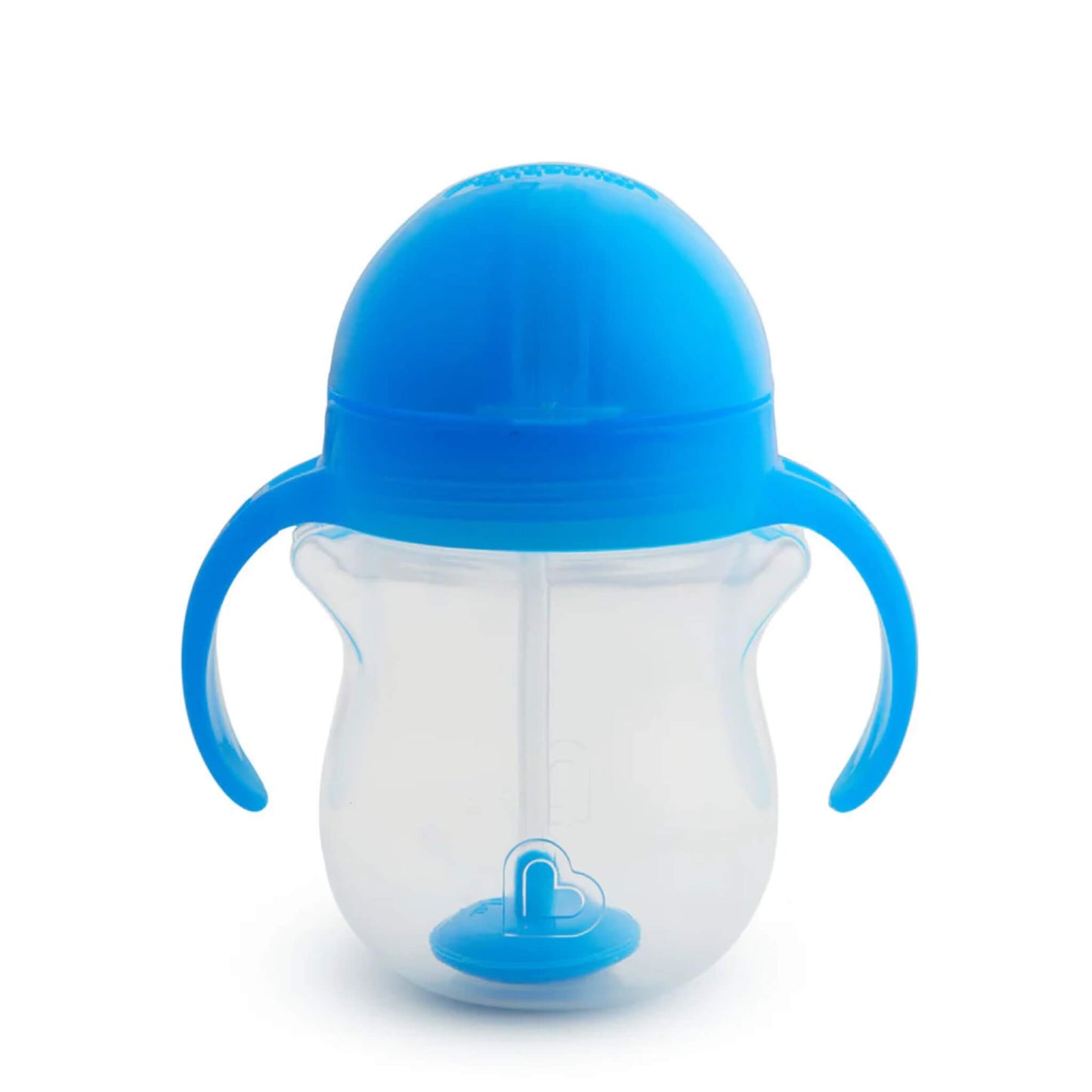A blue toddler sippy cup with a closed flip-down lid, clear body and twin curved handles shown upright on a plain background.