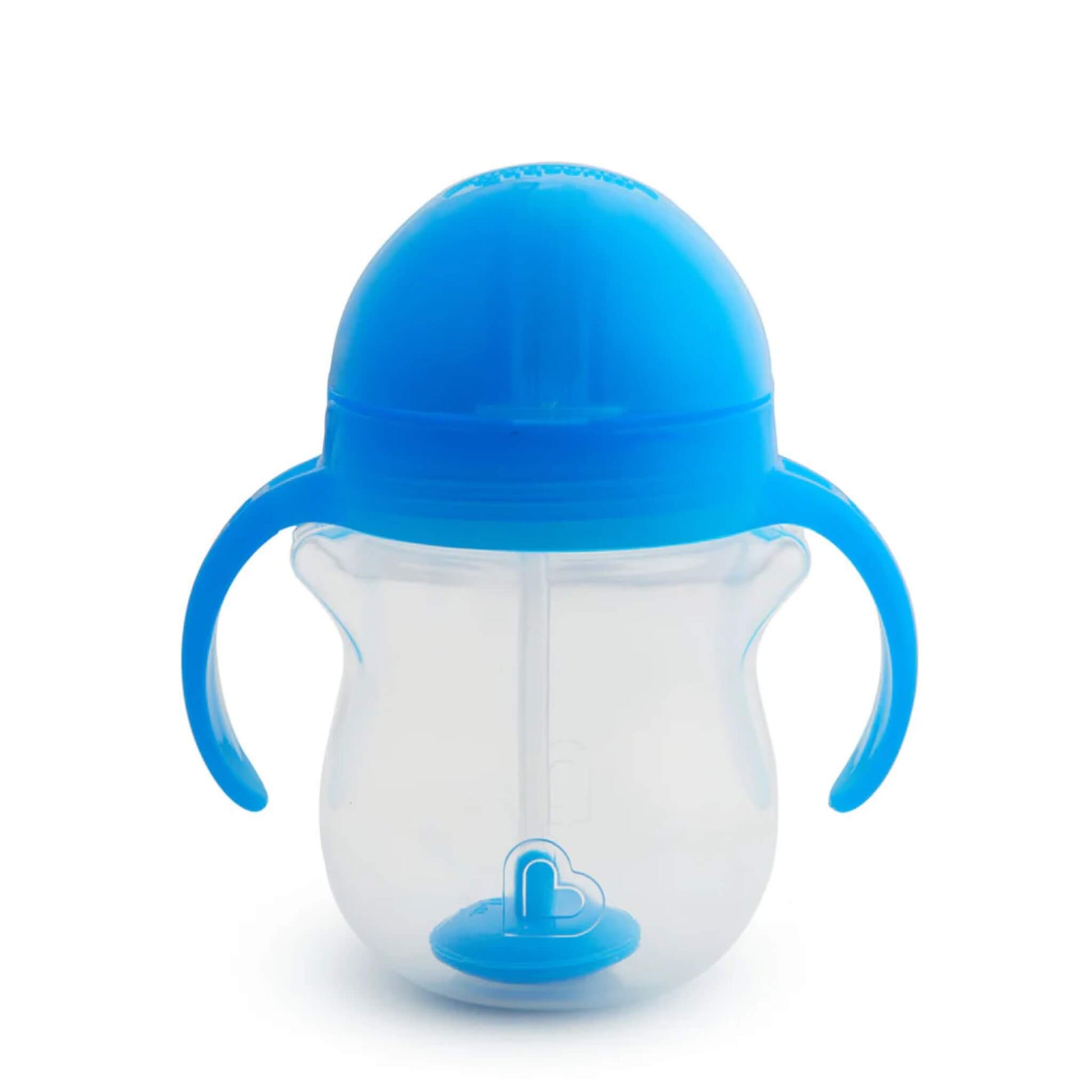 A blue toddler sippy cup with a closed flip-down lid, clear body and twin curved handles shown upright on a plain background.