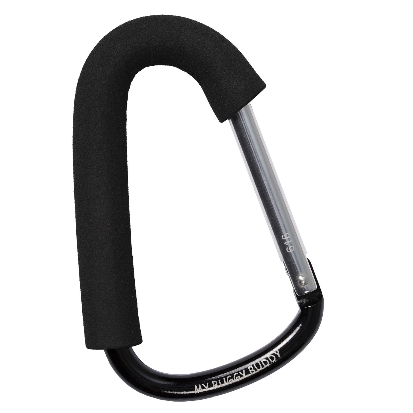 Large black pram clip made from aluminium with a soft foam handle, shown upright against a plain background.