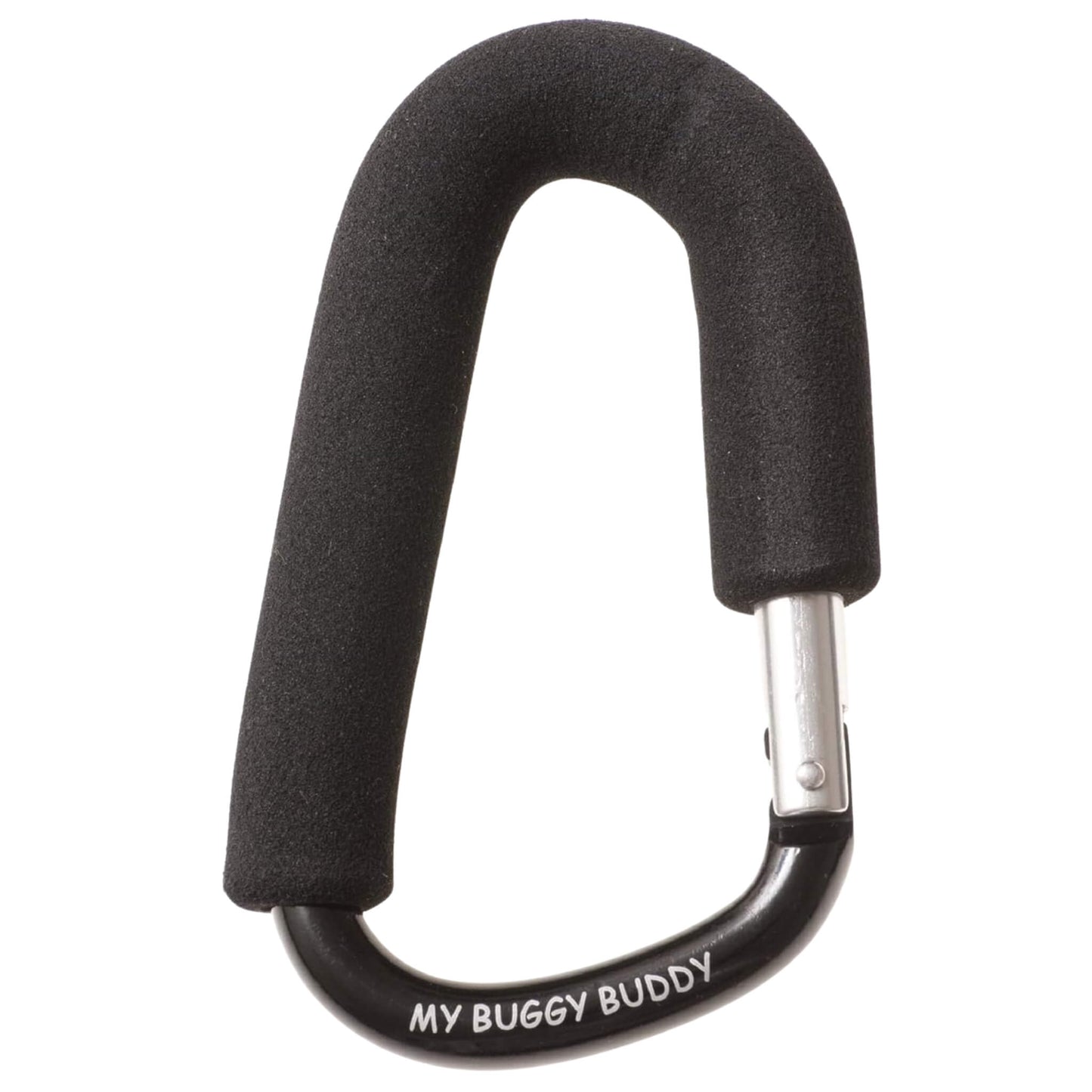 My Buggy Buddy Clip in black, featuring a padded foam handle and metal carabiner design for attaching bags to a pram or stroller.