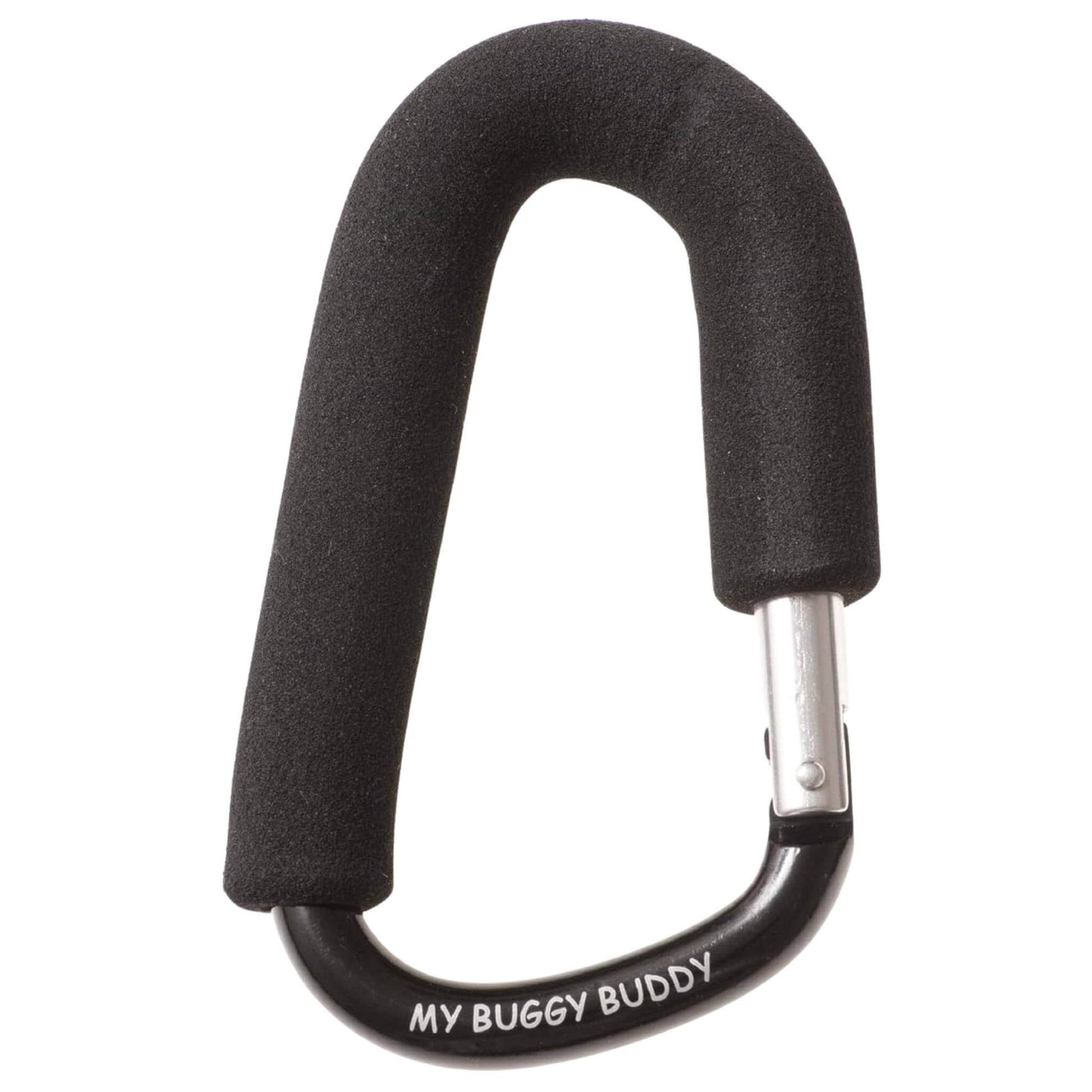 My Buggy Buddy Clip in black, featuring a padded foam handle and metal carabiner design for attaching bags to a pram or stroller.