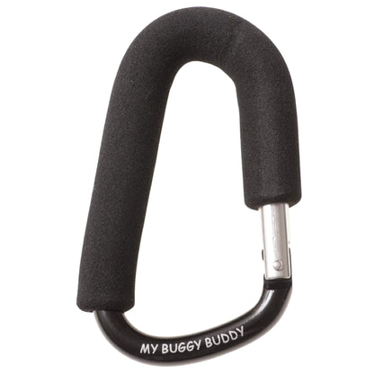 My Buggy Buddy Clip in black, featuring a padded foam handle and metal carabiner design for attaching bags to a pram or stroller.