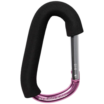 Buggy clip in metallic pink with padded black foam handle and spring gate closure.