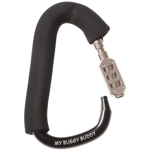 Black My Buggy Buddy Lock Clip with combination lock and foam handle, designed for securing prams and pushchairs.