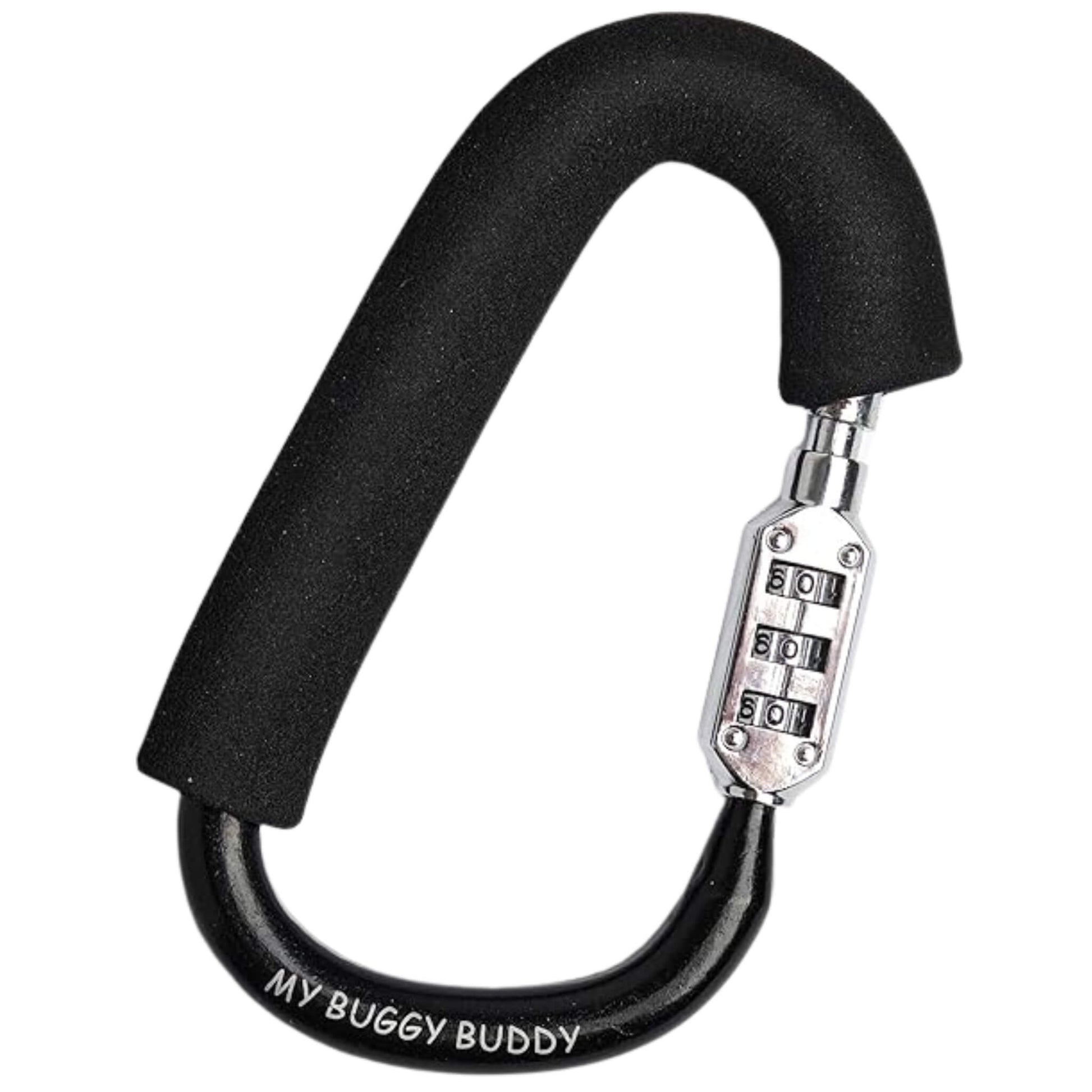 Close-up of a black buggy clip with a silver combination lock and foam handle, shown against a plain background.