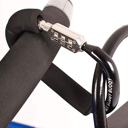 Pram clip with combination lock attached to a stroller handle, showing the locking mechanism in use.