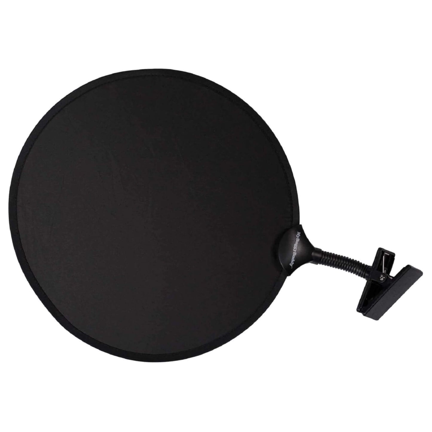 A My Buggy Buddy Sunshade in black shown fully open, featuring a round shade disc with a flexible neck and strong clip attachment.