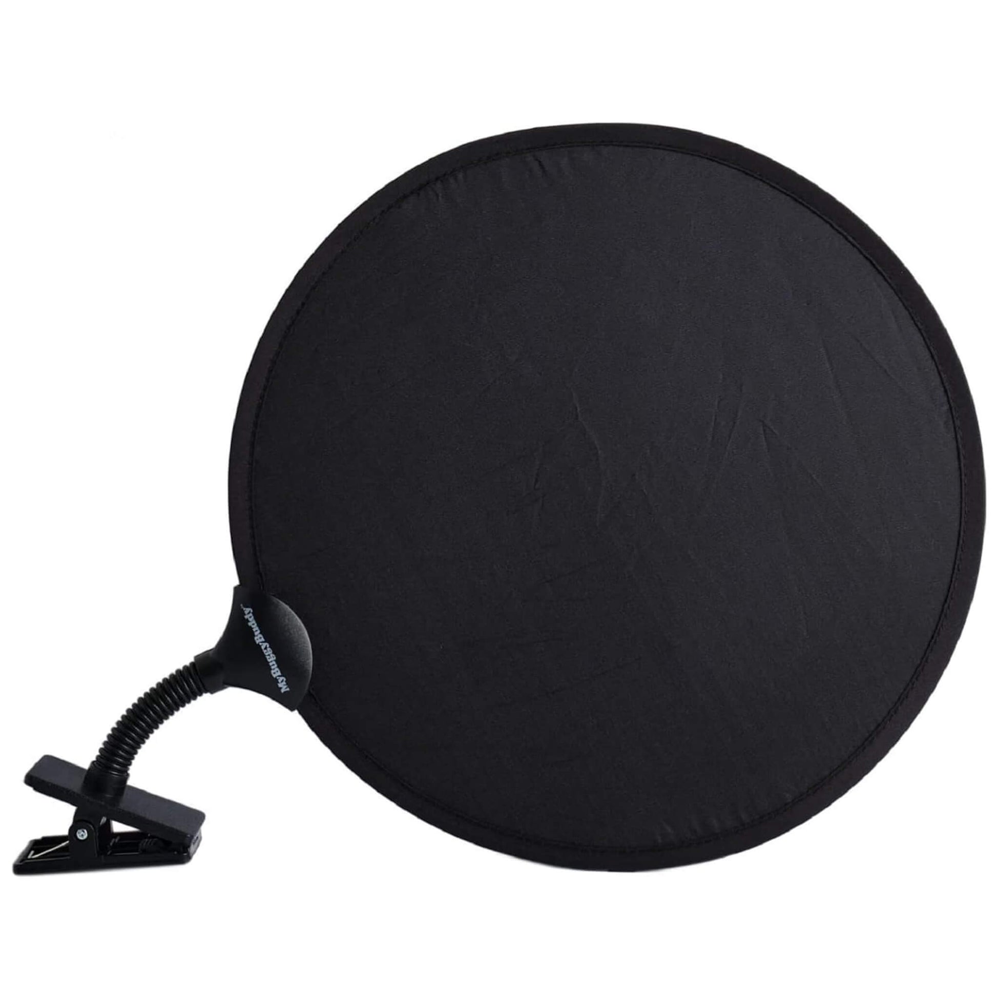Round black pram sunshade with a flexible neck and sturdy clip designed to attach securely to a stroller frame.