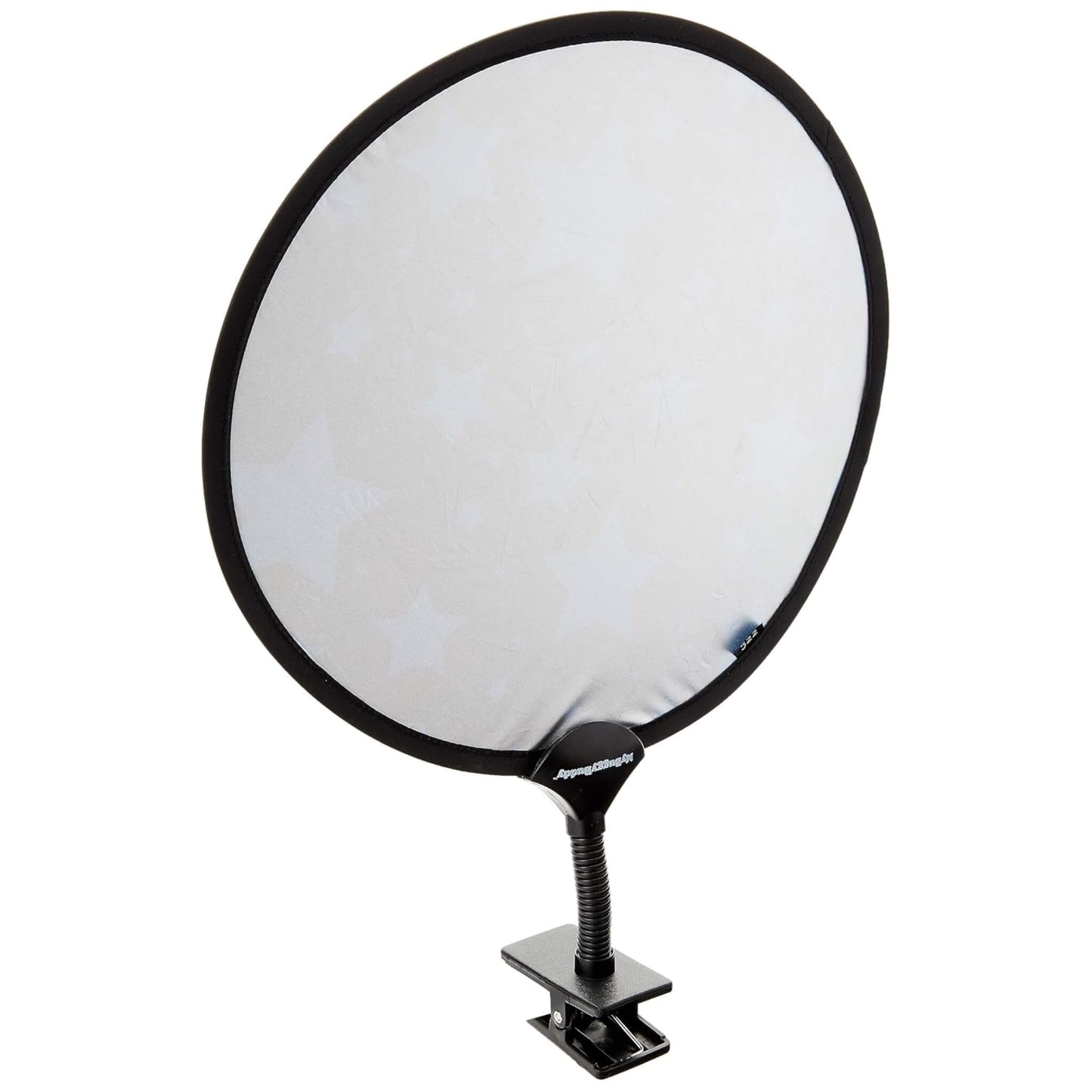 Side view of circular stroller sunshade showing faint star pattern across the reflective silver fabric.