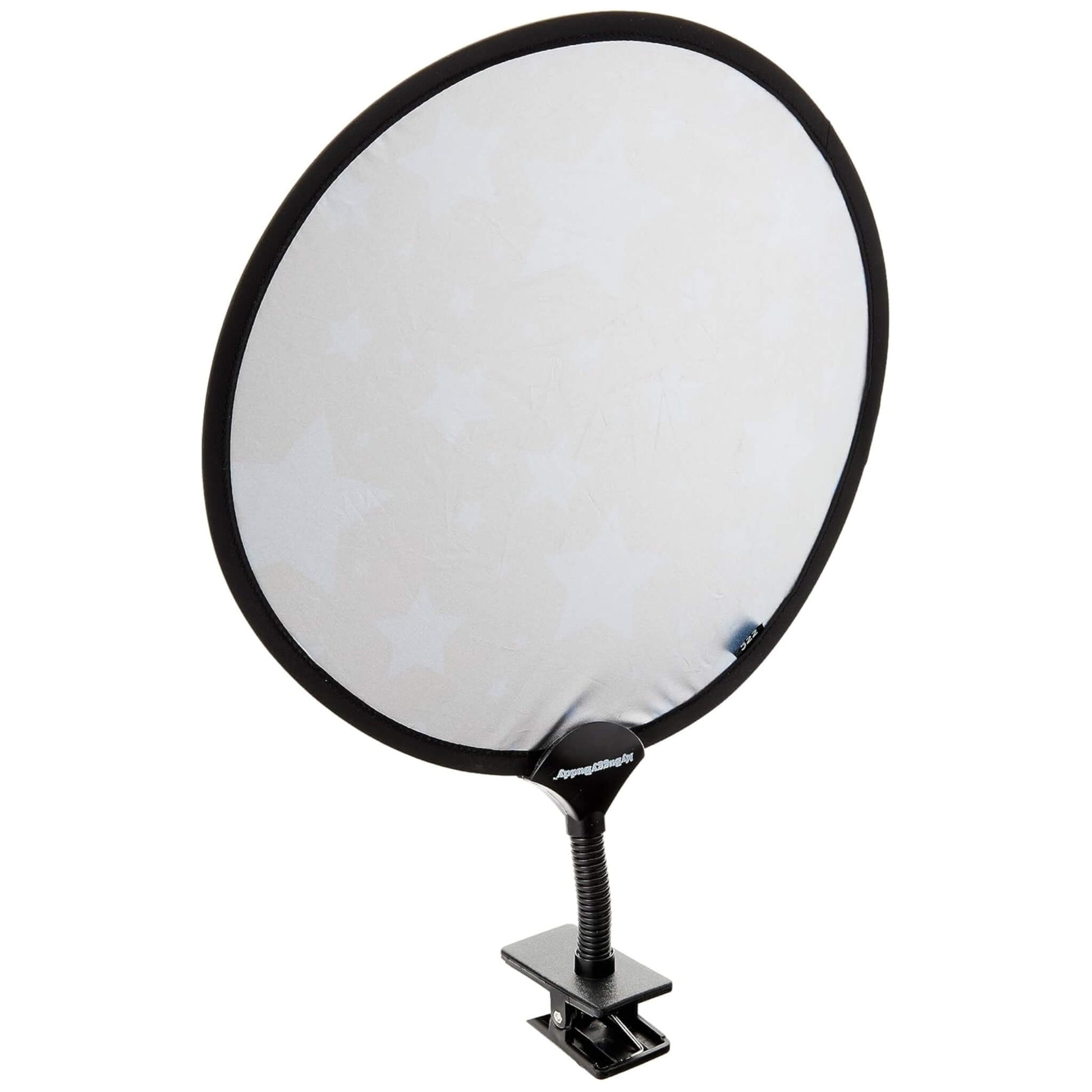 Side view of circular stroller sunshade showing faint star pattern across the reflective silver fabric.