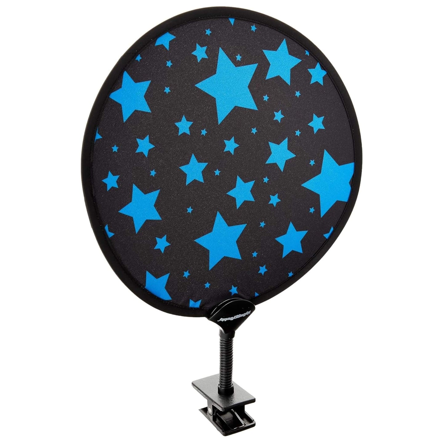 My Buggy Buddy Sunshade in blue stars design, showing a round shade with flexible neck and clip attachment for use on a pram or stroller.